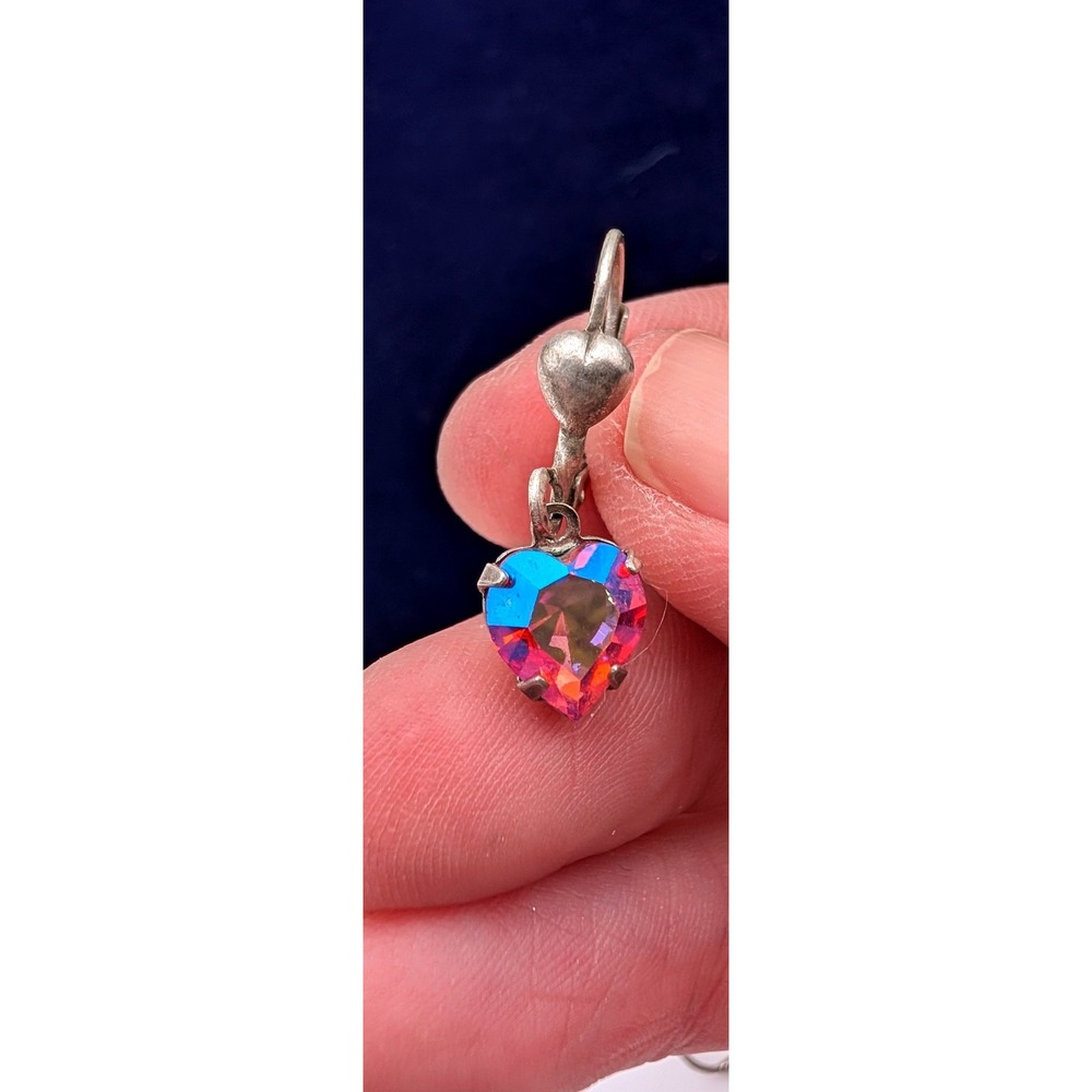 Vintage Heart Aurora Borealis Crystal Leverback Earrings Iridescent Silver Tone - Picture 3 of 4